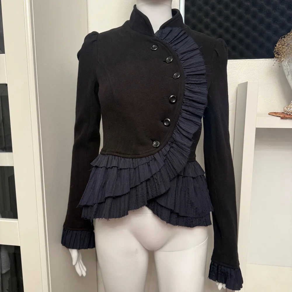 Free People Military Ruffle Jacket Womens 4 Black Excellent Victorian Peplum